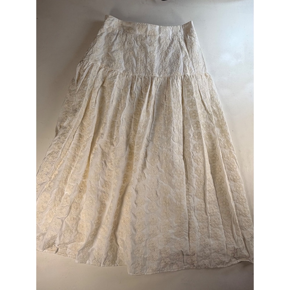 Lele Floral Embroidered Maxi Skirt Womens Medium Cream Excellent Boho Tiered